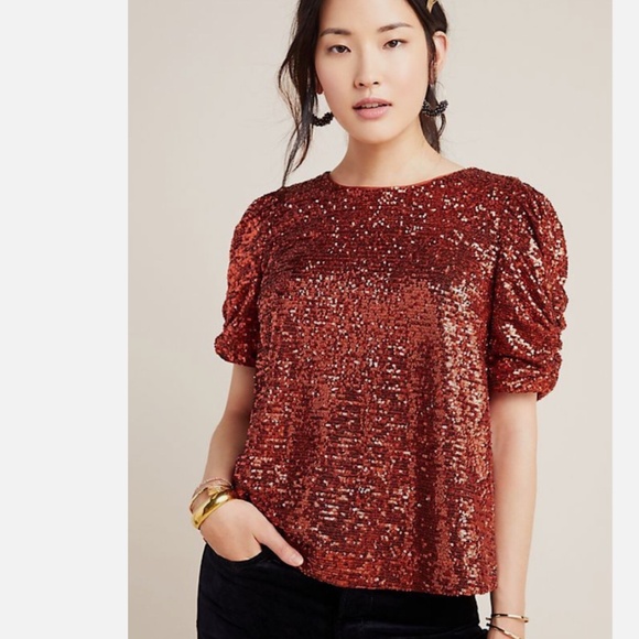 Anthropologie Marie Sequined Blouse - Burnt Orange - Women's size 14 - Picture 1 of 10